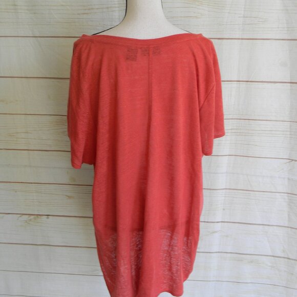 TAHARI 100% LINEN CORAL ORANGE/RED SHORT SLV V-NECK TSHIRT TOP SZ 1X TUNIC - Picture 3 of 3